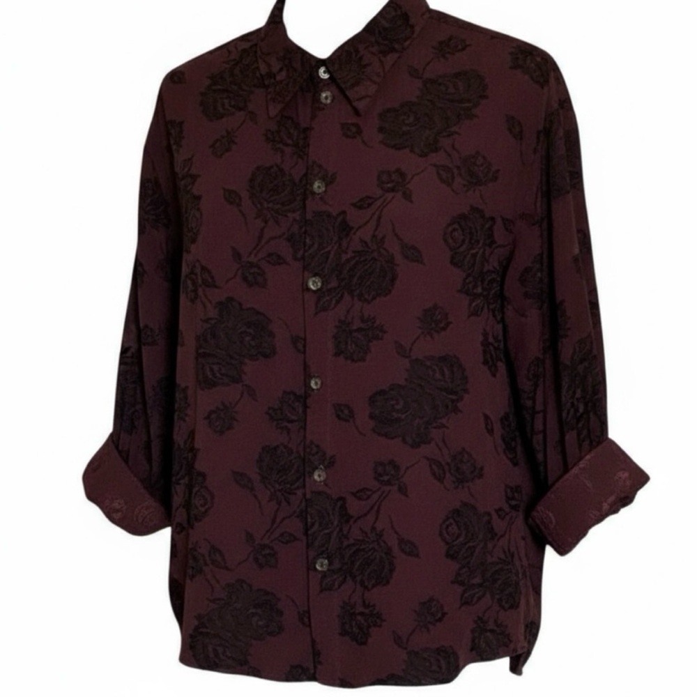 CP Shades Vintage Burgundy Floral Jacquard Button Blouse 3/4 Sleeve Oversized - Picture 2 of 10